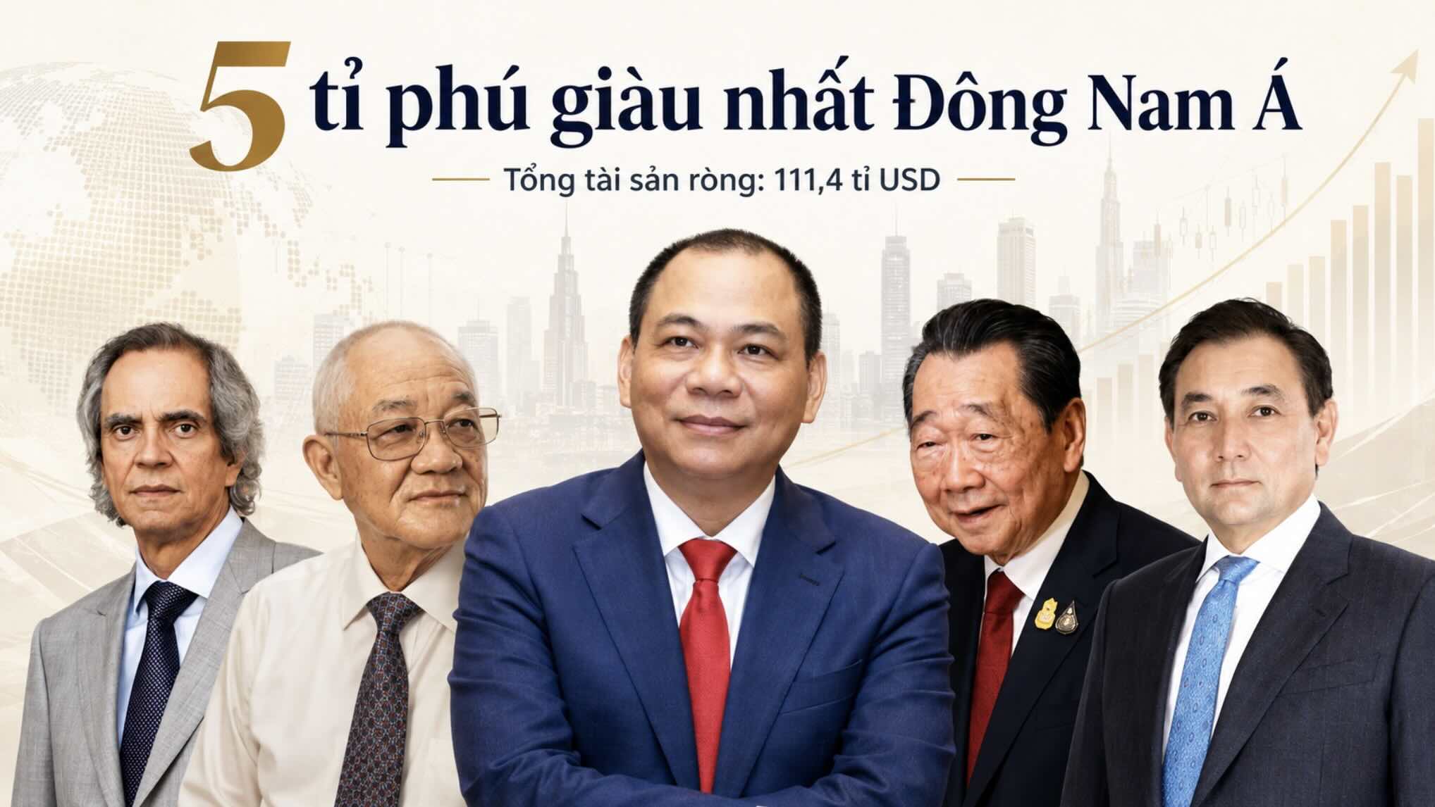 From left to right are billionaires Enrique Razon Jr., Low Tuck Kwong, Pham Nhat Vuong, Dhanin Chearavanont and Sarath Ratanavadi. Photo: AI