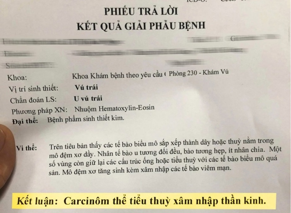 Kết quả giải phẫu bệnh ở vú trái. Ảnh: Nhân vật cung cấp