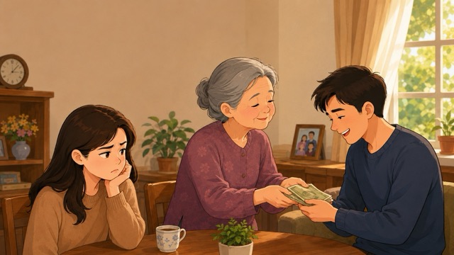 Mother spends almost all her pension on her son, making her daughter both feel sorry and worried. Photos use AI