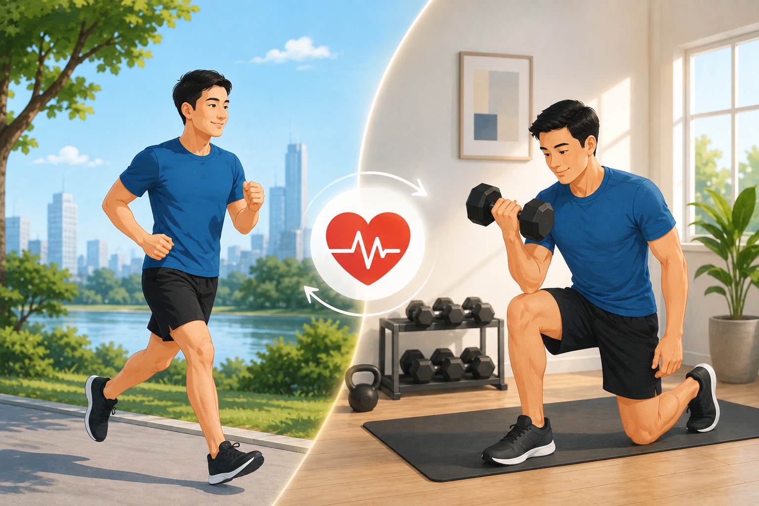 Combining cardio and strength training is the optimal method to improve health. Image created by AI