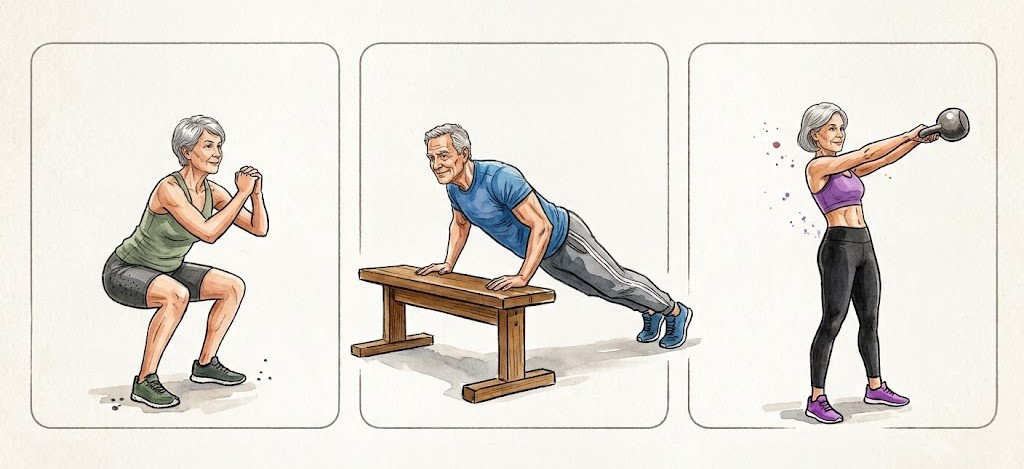 Después de los 60 años, realizar ejercicios de impacto integral en grupos musculares importantes ayuda a apoyar el movimiento familiar. Foto creada por IA