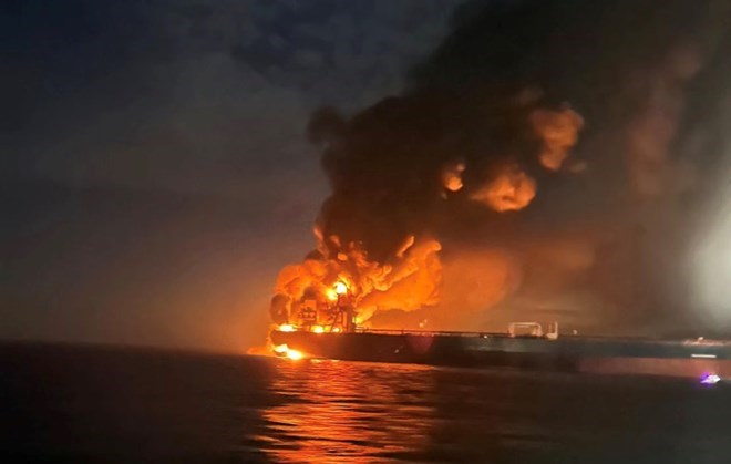 Flames rise from the explosion attacking a Russian oil tanker in the Black Sea. Photo: Turkish Maritime Administration
