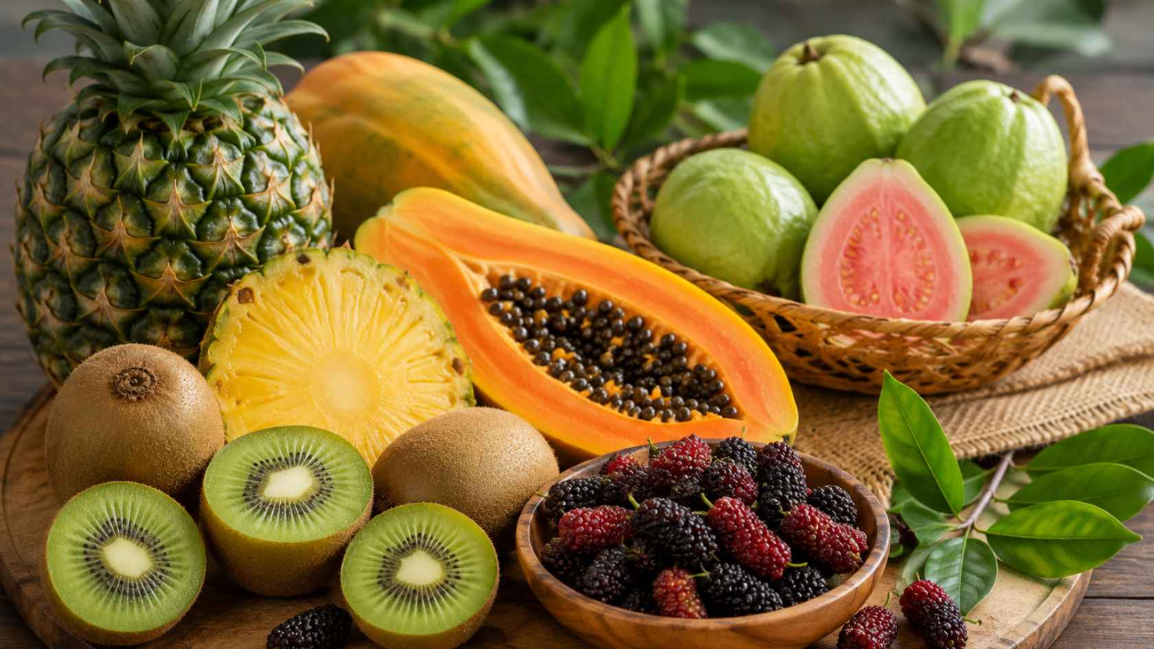 Kiwi, dứa, đu đủ, ổi và dâu tằm là những loại trái cây giàu vitamin C, enzyme và chất chống oxy hóa, có lợi cho sức khỏe xương khớp. Ảnh có sự hỗ trợ của AI