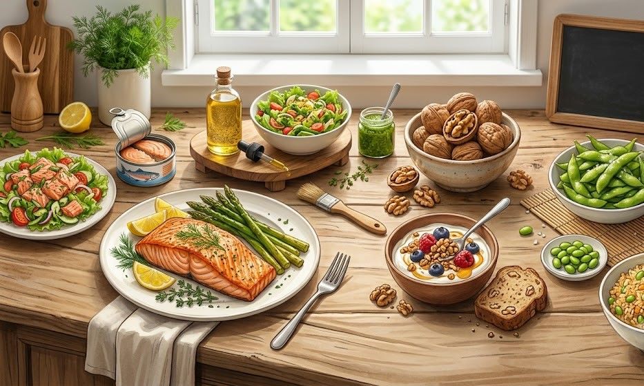 Supplementing a variety of food sources containing omega-3 into your daily menu will help you easily meet your body's nutrient needs. Photo created by AI