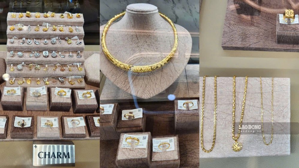 Các mẫu trang sức vàng 24K và vàng 18K được niêm yết sẵn tại cửa hàng PNJ để phục vụ nhu cầu chuyển đổi kim cương của khách. Ảnh: Hà Nam