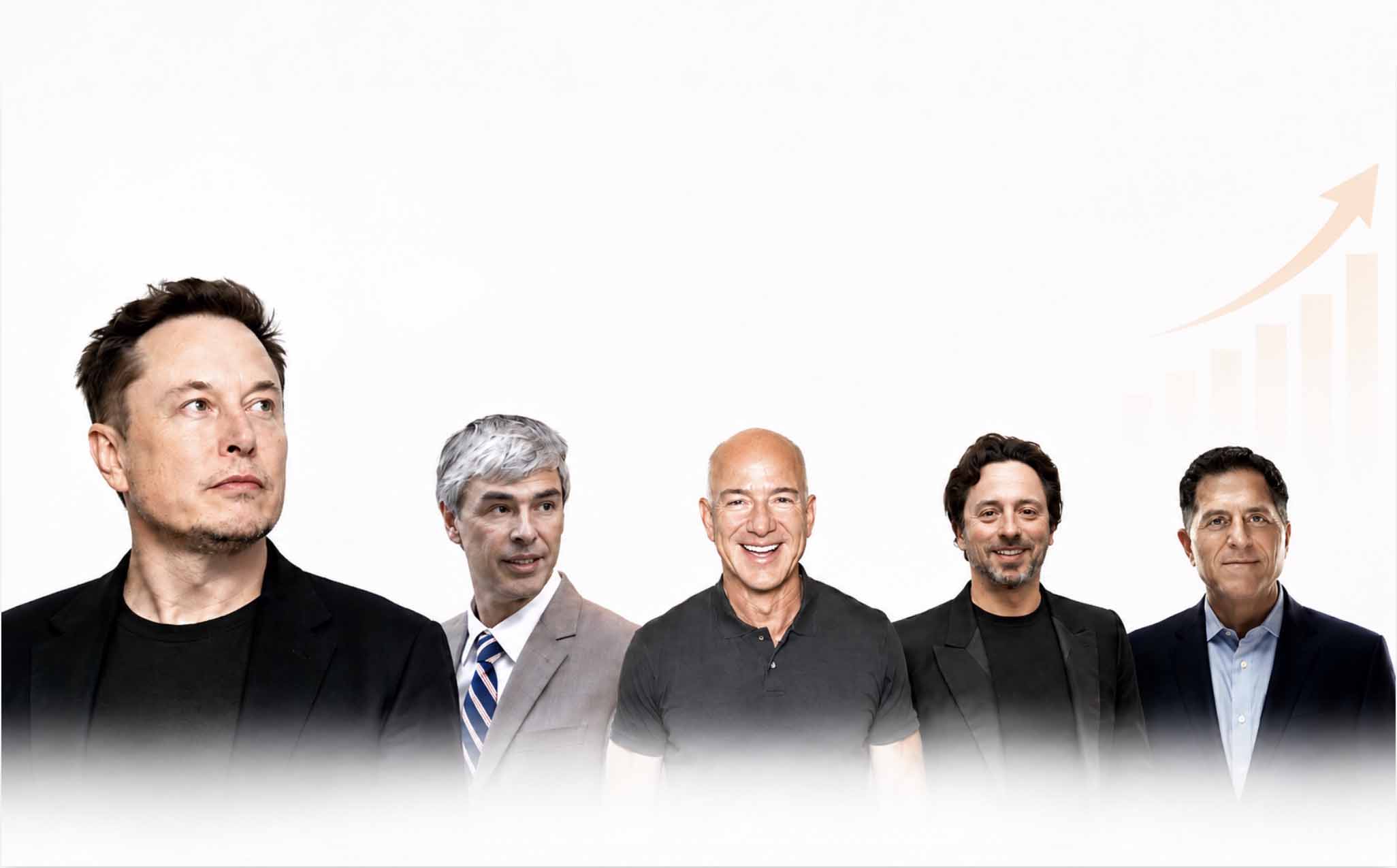 Les 5 personnes les plus riches du monde selon les données mises à jour vers 1h00 du matin le 5 août 2026. De gauche à droite se trouvent les milliardaires Elon Musk, Larry Page, Jeff Bezos, Sergey Brin et Michael Dell. Graphiques : IA