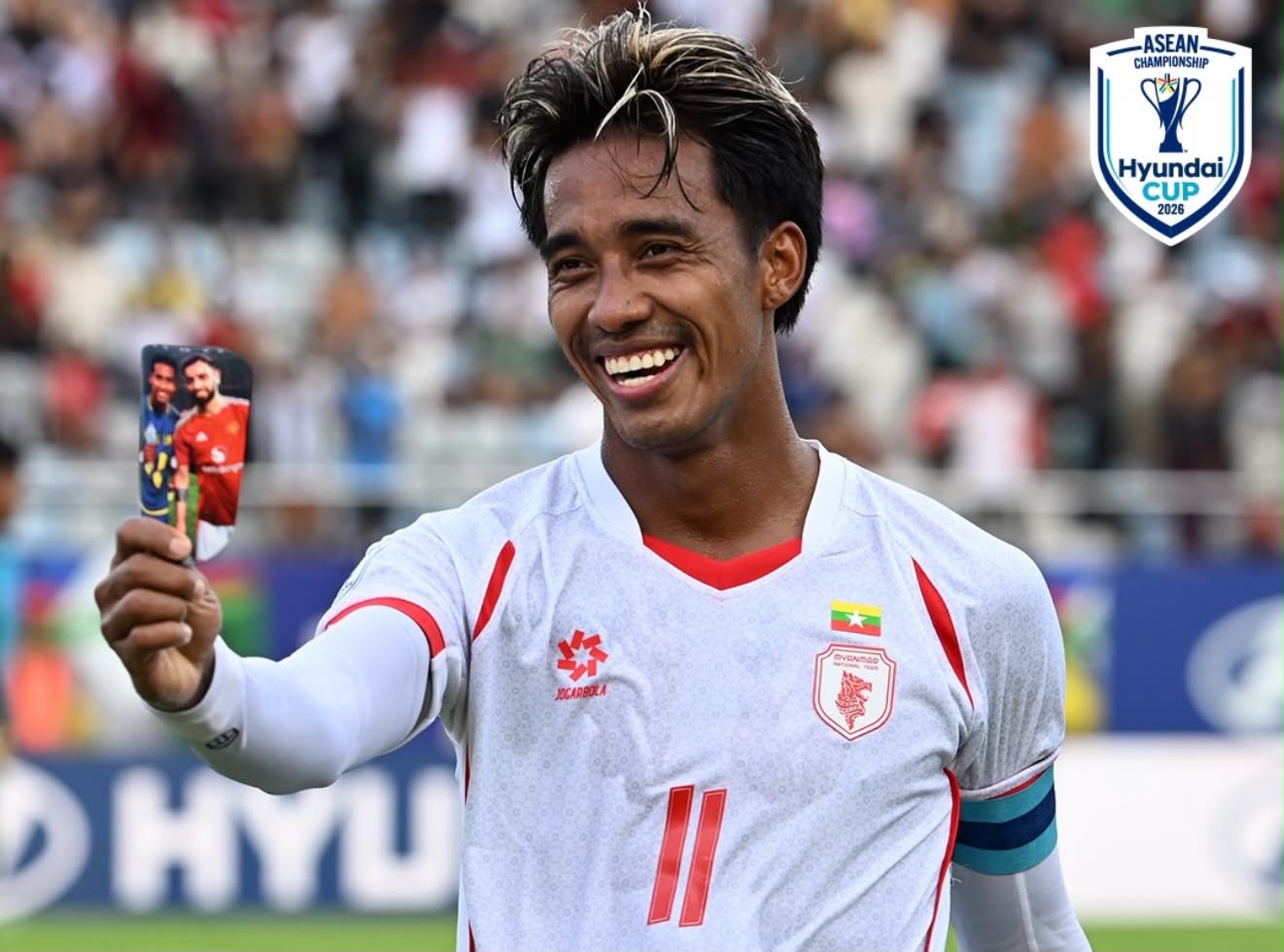 Maung Maung Lwin's celebration moment in Myanmar's 7-2 victory over Laos. Photo: ASEAN Cup homepage