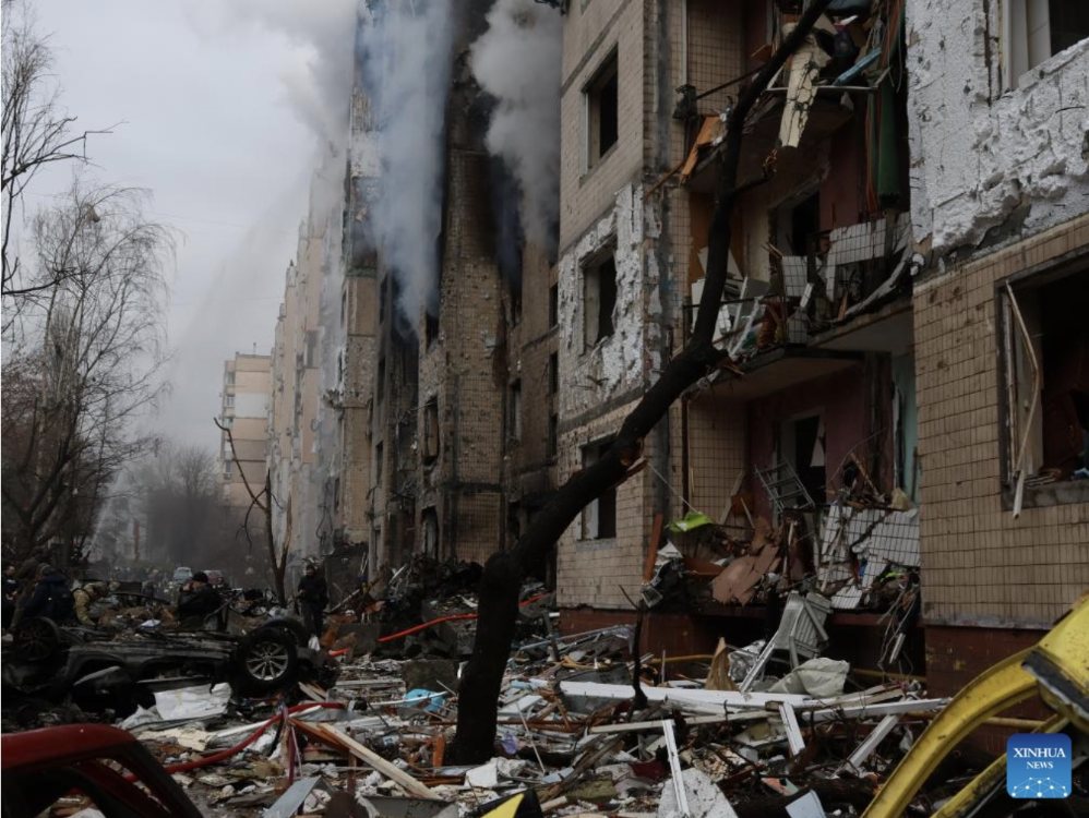 A damaged area in Kiev, the capital of Ukraine after a Russian attack. Photo: Xinhua