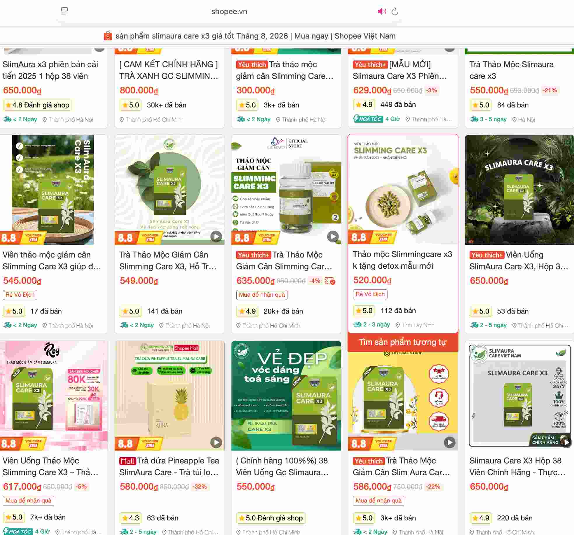 Slimaura Care X3 products are still being advertised for sale at many Shopee stalls. Screenshot taken by PV on the morning of August 5th