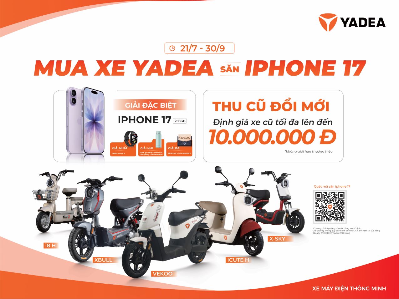 In the new school year season, the two-wheeled electric motorbike brand YADEA is implementing the program "Buy a YADEA car - Hunt for iPhone 17". Photo: Provided by DN.