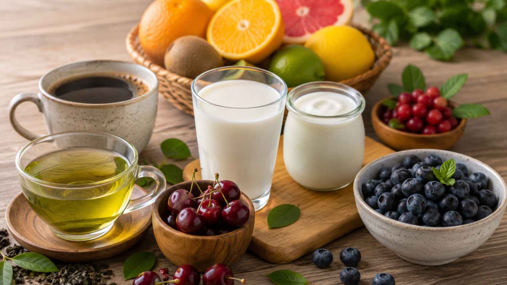 Từ sữa đến quả mọng đều hỗ trợ kiểm soát axit uric. Ảnh có sự hỗ trợ của AI