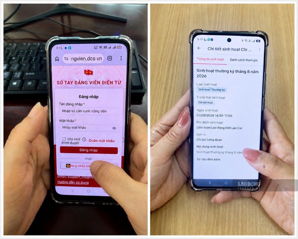 Đảng viên sử dụng Sổ tay đảng viên điện tử để tiếp cận tài liệu. Ảnh: Thu Phương