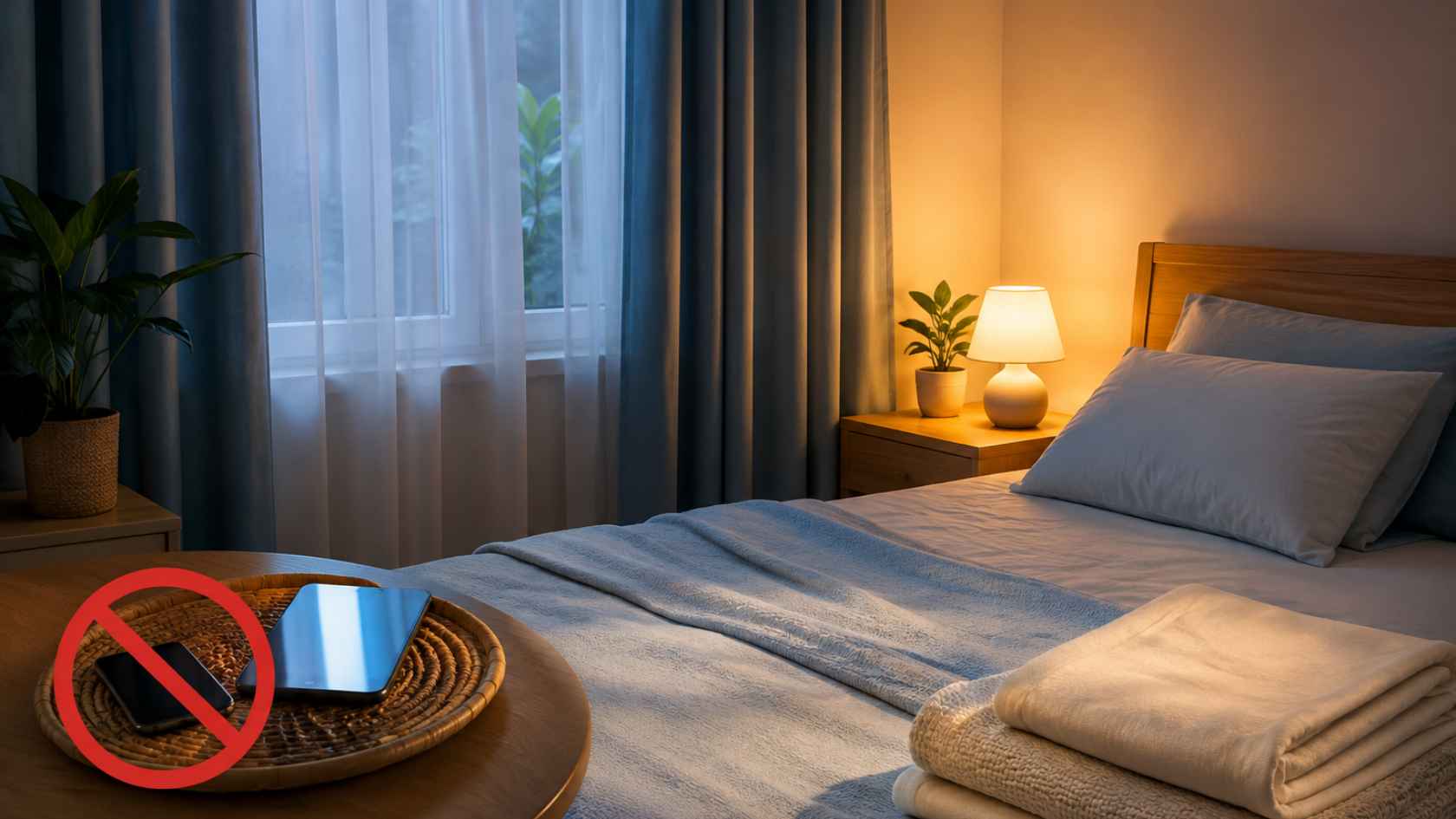 Điều chỉnh ánh sáng, chăn ga và rèm cửa có thể góp phần cải thiện chất lượng giấc ngủ. Ảnh có sự hỗ trợ của AI