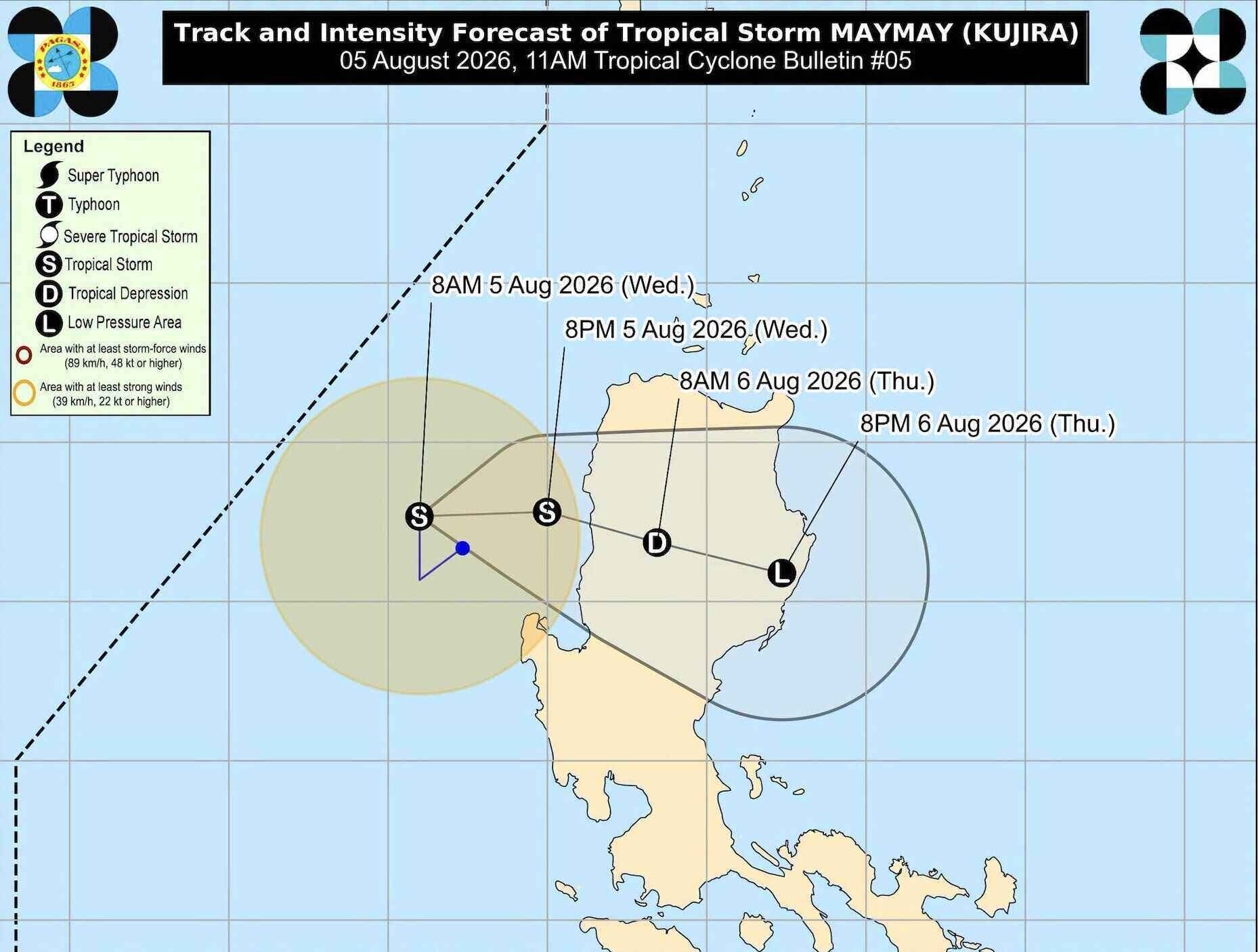 Forecasts of the path and intensity of Typhoon Kujira (Maymay) show that the typhoon is likely to make landfall in the evening of August 5 before quickly weakening. Photo: PAGASA