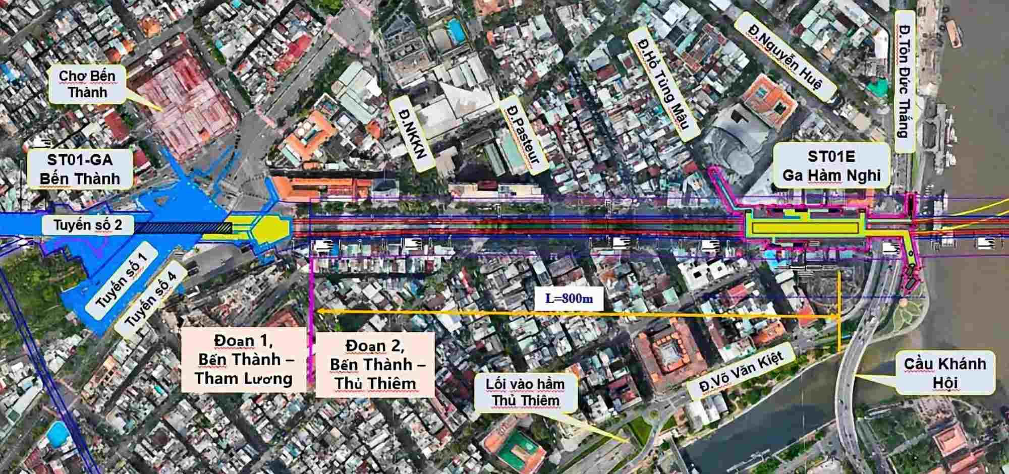 Vị trí ga Bến Thành và ga Hàm Nghi. Ảnh: MAUR