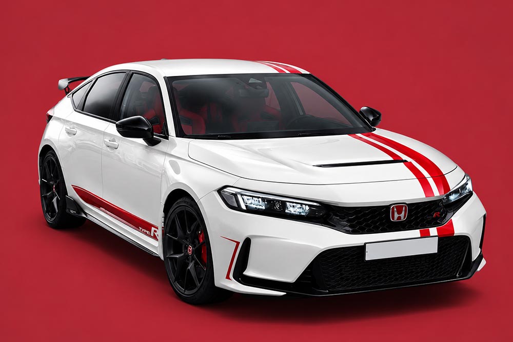 The Honda Civic Type R with an exterior color Championship White is highlighted by the car owner with a red decal set when appearing on the streets of Hanoi. Graphics: Thanh Vu / AI used