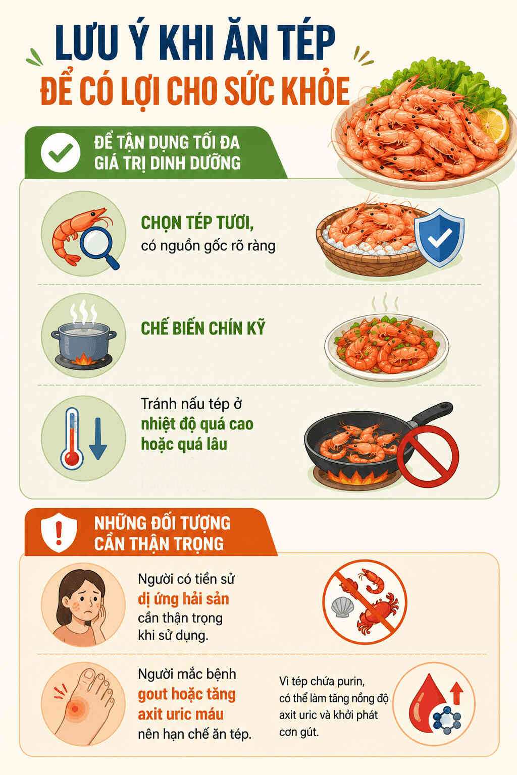 Infographic: Lưu ý an toàn khi chế biến và sử dụng tép đúng cách để bảo vệ tim mạch. Đồ họa: AI 