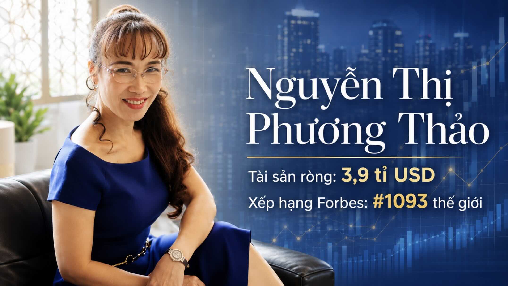 Bà Nguyễn Thị Phương Thảo sở hữu khối tài sản ròng 3,9 tỉ USD, đứng thứ 1.093 trong bảng xếp hạng tỉ phú thế giới của Forbes. Đồ họa: AI.