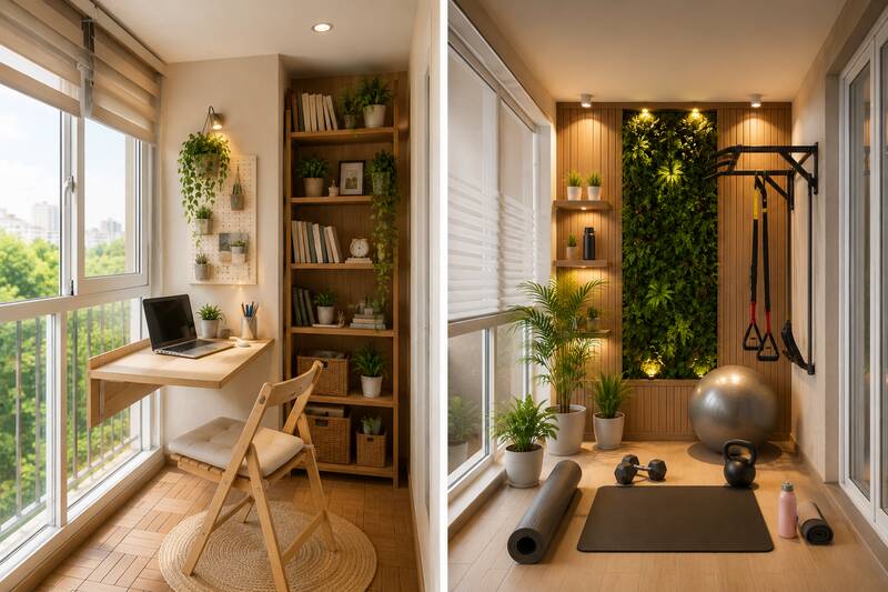 The balcony has been renovated into a multi-purpose space, which is both a working corner and a place to practice and relax at home. Photo supported by AI