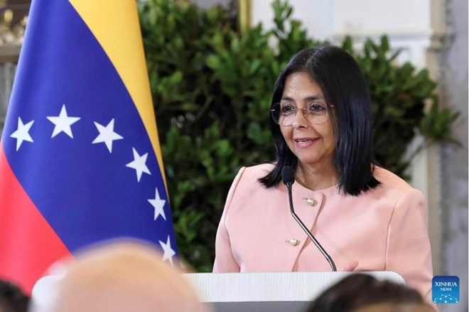 Tổng thống lâm thời quốc gia Nam Mỹ Venezuela Delcy Rodriguez. Ảnh: Xinhua