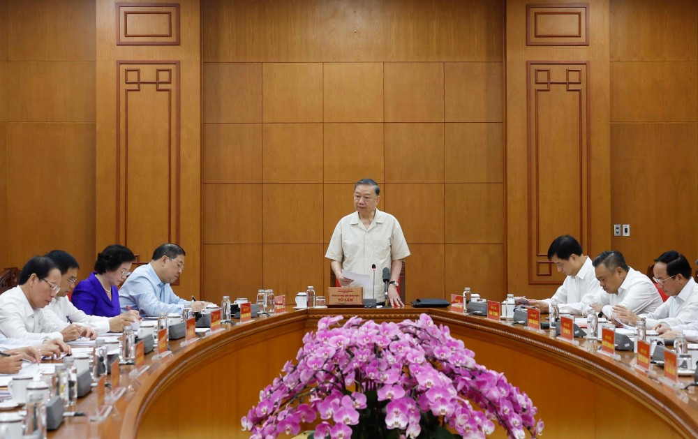 Tổng Bí thư, Chủ tịch nước Tô Lâm chủ trì làm việc với Đảng ủy Chính phủ và các cơ quan. Ảnh: TTXVN