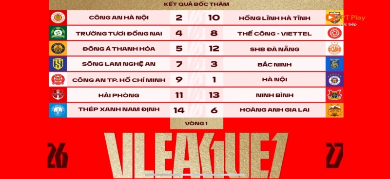 Các cặp đấu tại vòng 1 V.League 2026-2027. Ảnh: FPT Play