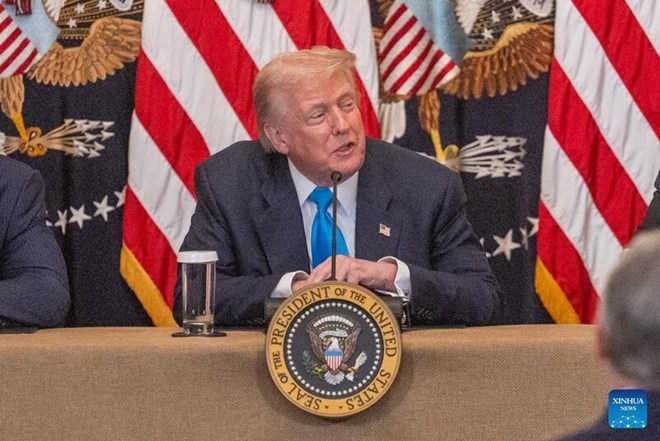 ホワイトハウスで演説するトランプ大統領。写真:新華社