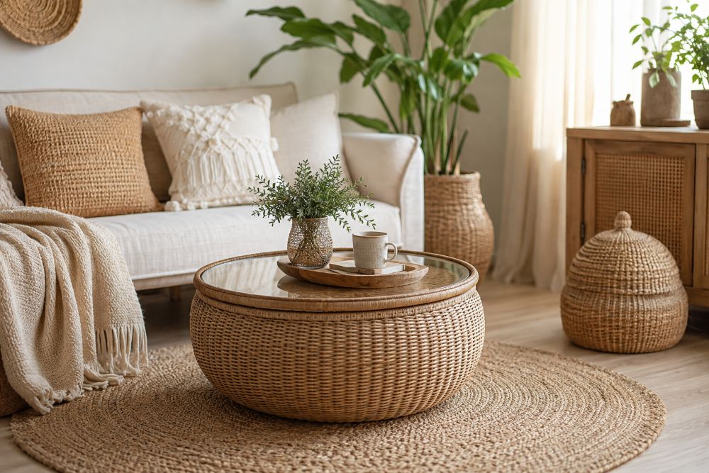 A rattan basket with a flat lid is transformed into a small coffee table, creating accents for the living room. Photo created by AI