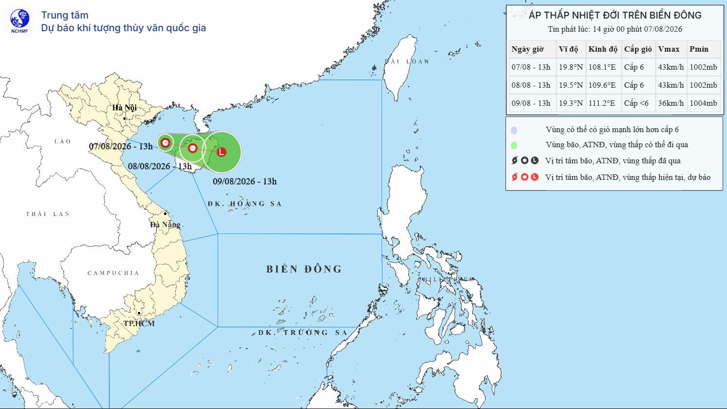 Update on the location and path of the tropical depression at 2:00 PM on August 7. Photo: National Center for Hydro-Meteorological Forecasting