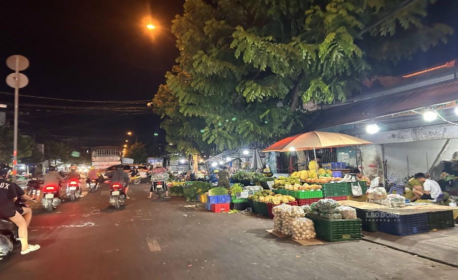 Goods are displayed for sale on sidewalks and roads around Hoc Mon wholesale market. Photo: Ngoc Le