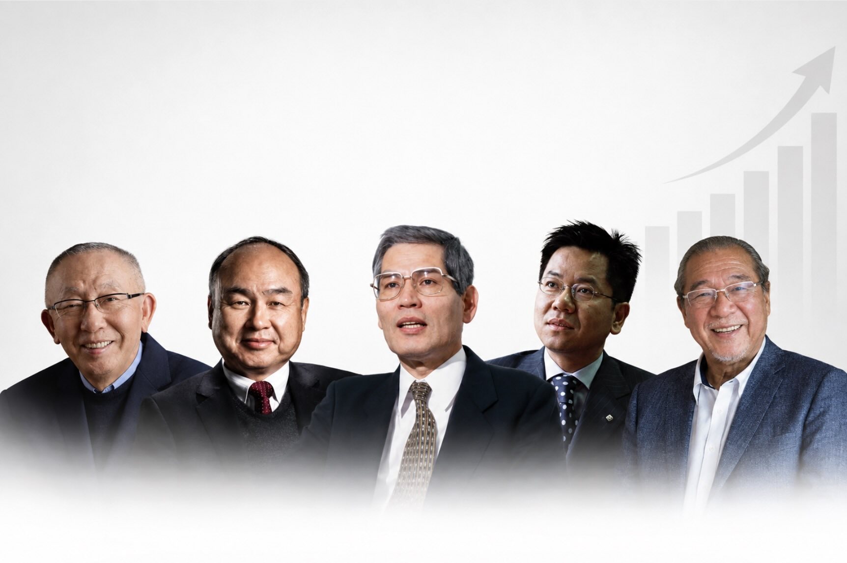 From left to right are billionaires Tadashi Yanai, Masayoshi Son, Takemitsu Takizaki, Yasumitsu Shigeta and Takao Yasuda - the 5 richest people in Japan according to Forbes data recorded at 9:35 a.m. on August 8, 2026. Graphics: AI.