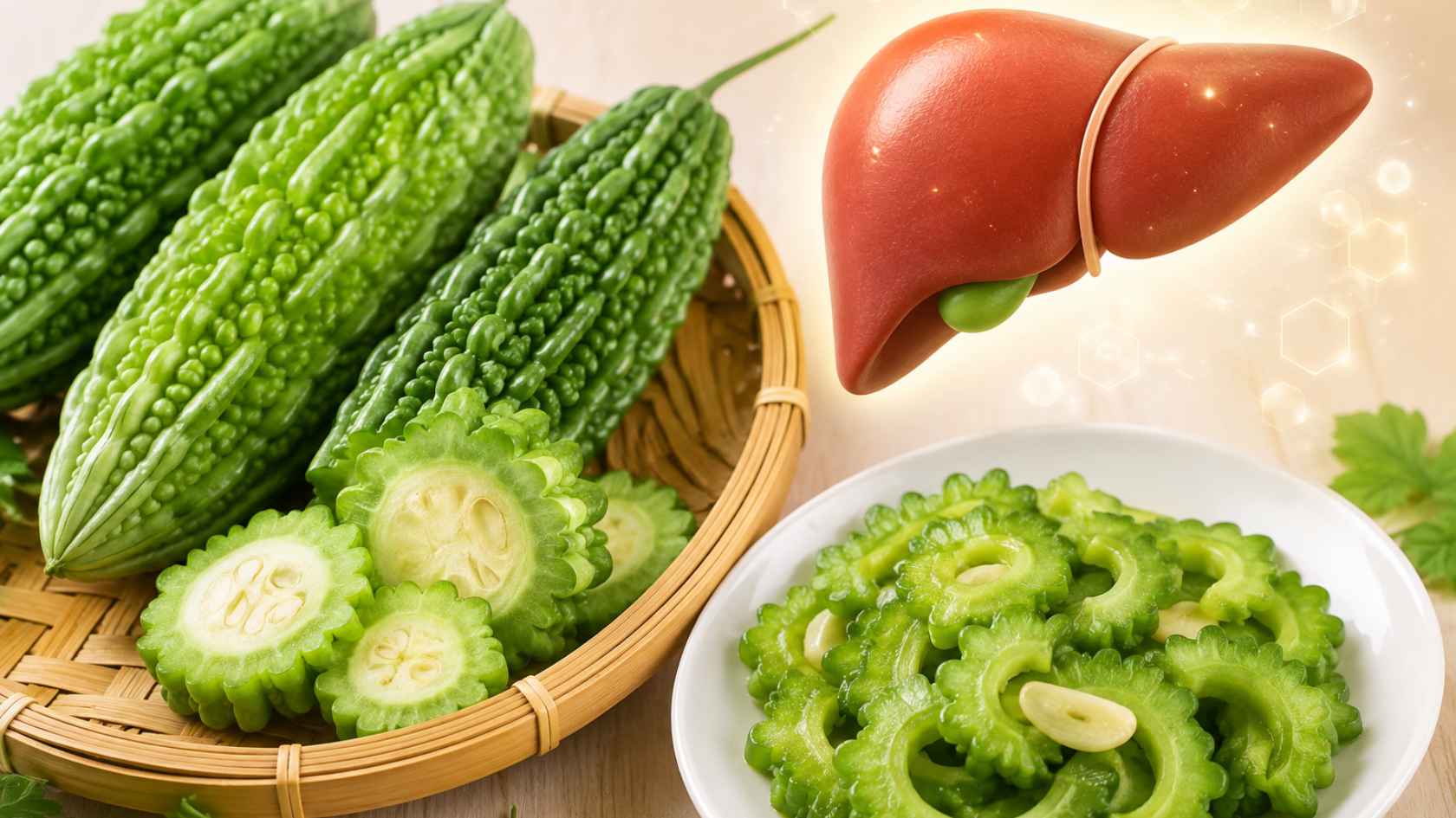 Bổ sung mướp đắng vào chế độ ăn cân bằng có thể hỗ trợ quá trình chuyển hóa chất béo và sức khỏe gan. Ảnh có sự hỗ trợ của AI