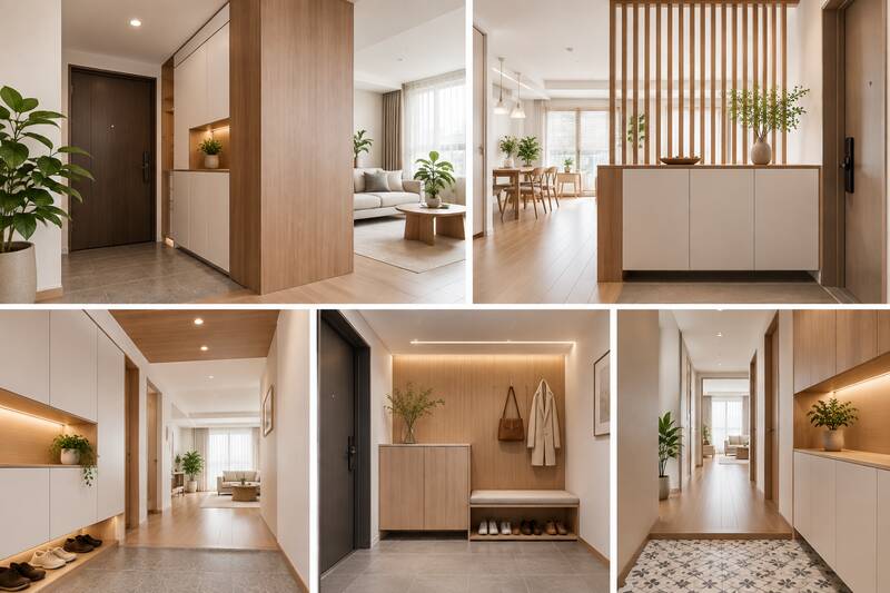 The lobby area combines storage cabinets and wood materials, making the space neat. Photo supported by AI
