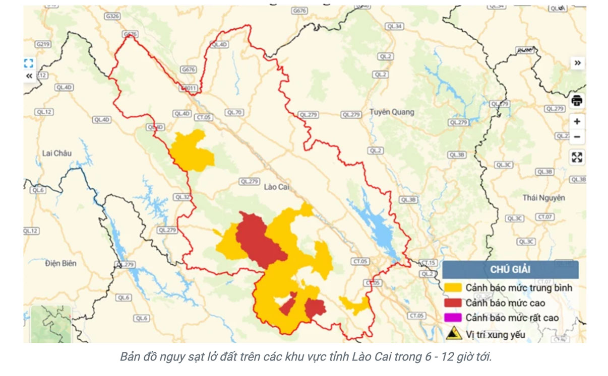 Map of landslide danger in the next 6 - 12 hours. Photo: Lao Cai Provincial Hydrometeorological Station