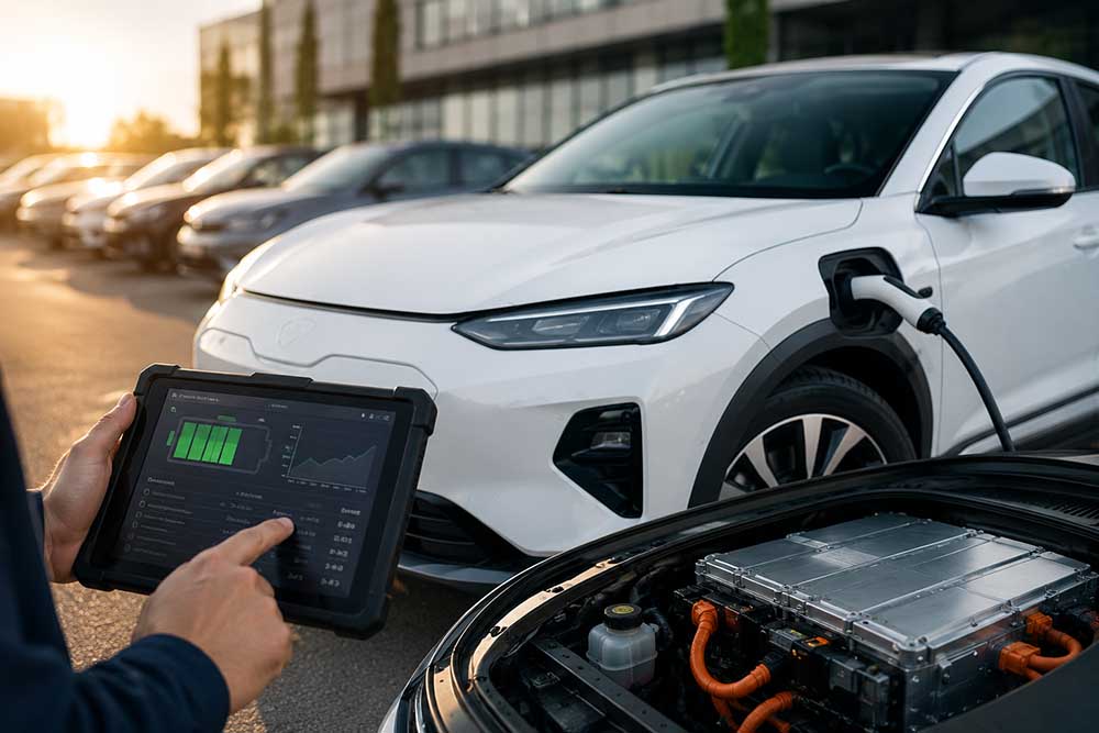 Battery status is a factor that buyers need to check when choosing used electric vehicles. Graphics: Thanh Vu / Created by AI