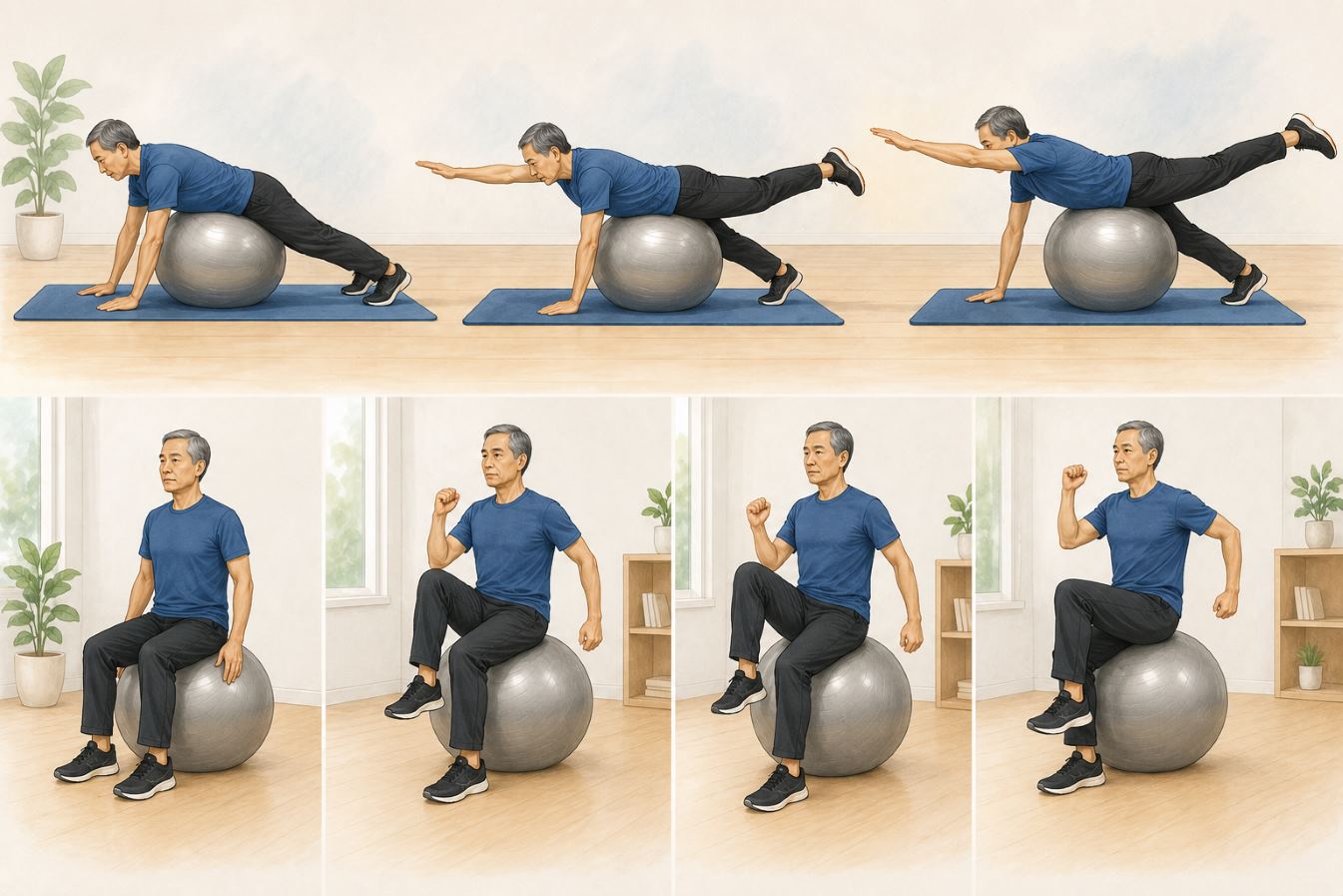 L'entraînement à l'équilibre avec le ballon aide à renforcer la zone musculaire centrale. Photo créée par l'IA