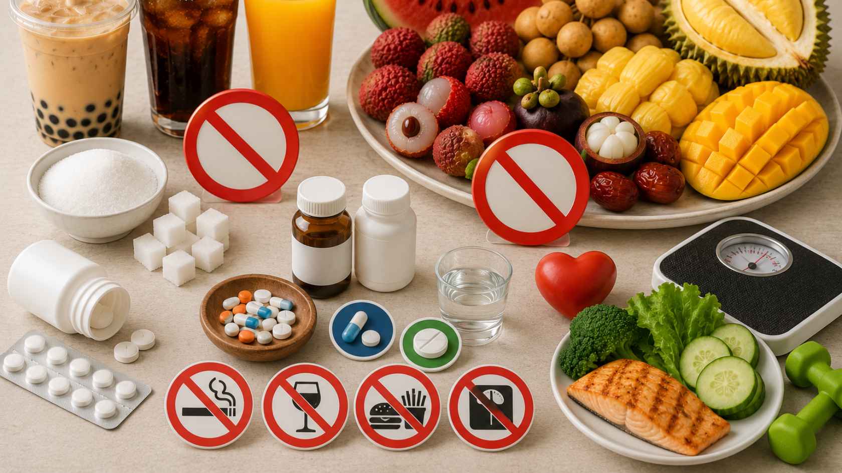 Trà sữa, nước ngọt và một số loại trái cây có thể khiến axit uric tăng. Ảnh có sự hỗ trợ của AI