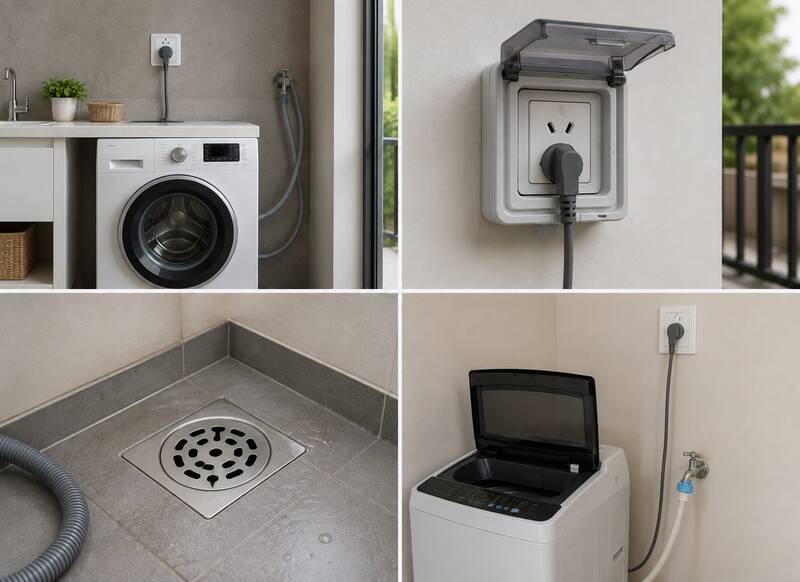 The location of the socket and washing machine needs to be arranged safely, away from water. Photo with AI support