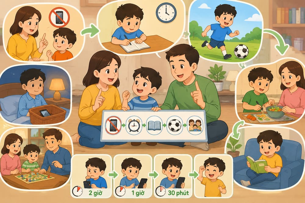 Parents should apply some methods to help their children limit using phones too much. Photo: AI