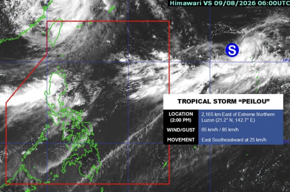 Tropical storm Peilou is about 2,165km east of the northernmost point of Luzon Island, with winds of 65 km/h, gusts of 85 km/h and moving southeast at a speed of 25 km/h. Photo: PAGASA