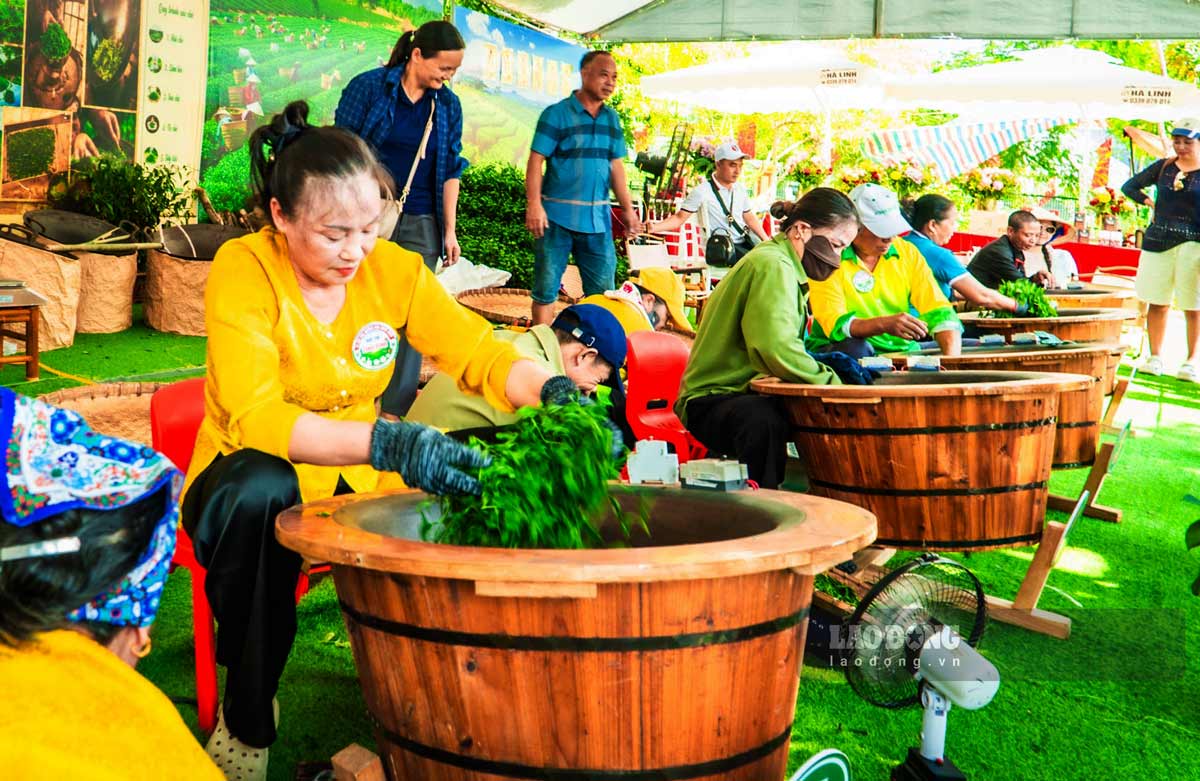 People and tourists experience tea making at the festival. Photo: Doan Hung