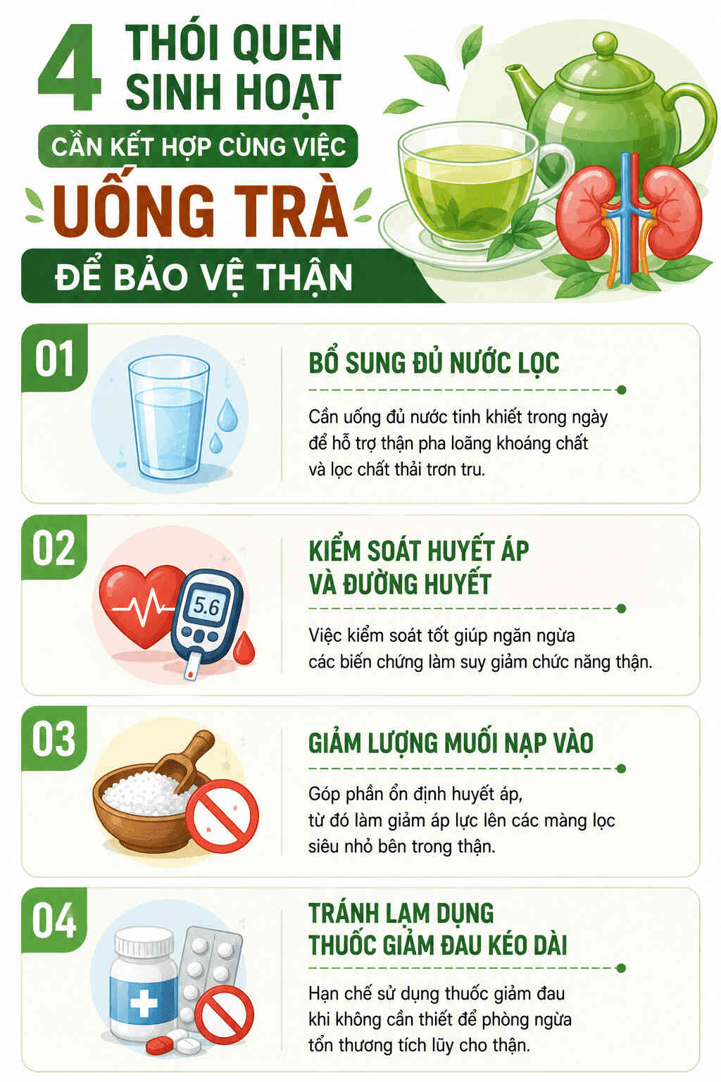 Infographic: 4 thói quen sinh hoạt cần kết hợp cùng việc uống trà để bảo vệ thận toàn diện. Đồ họa: AI
