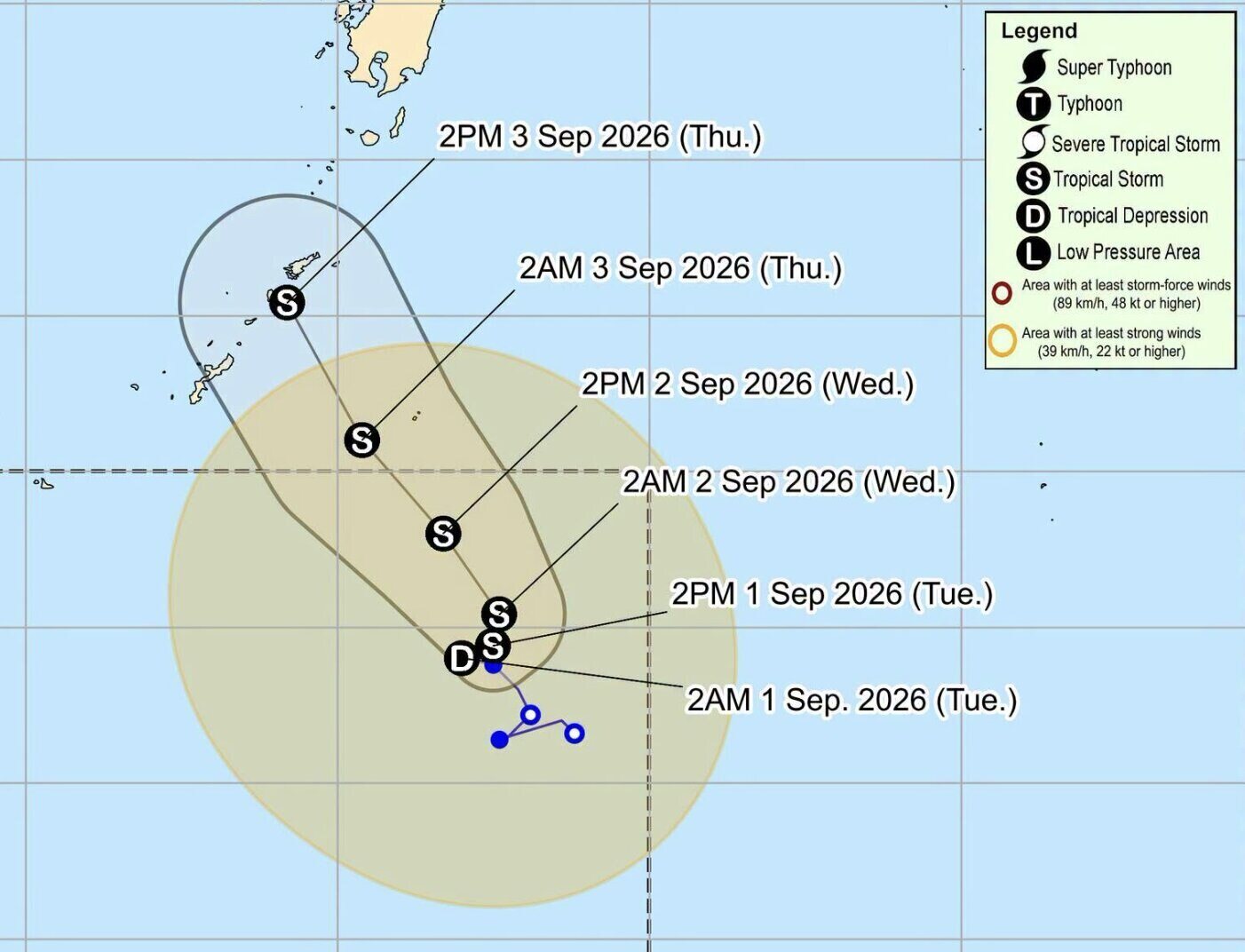 Forecast of the path and intensity of the Pilandok low pressure from September 1st to 3rd. Photo: PAGASA