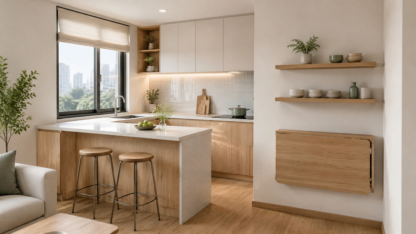Bàn bán đảo kết hợp khu vực sơ chế và bàn ăn, cùng hệ kệ nổi, bàn gấp giúp tối ưu diện tích phòng bếp nhỏ. Ảnh: AI