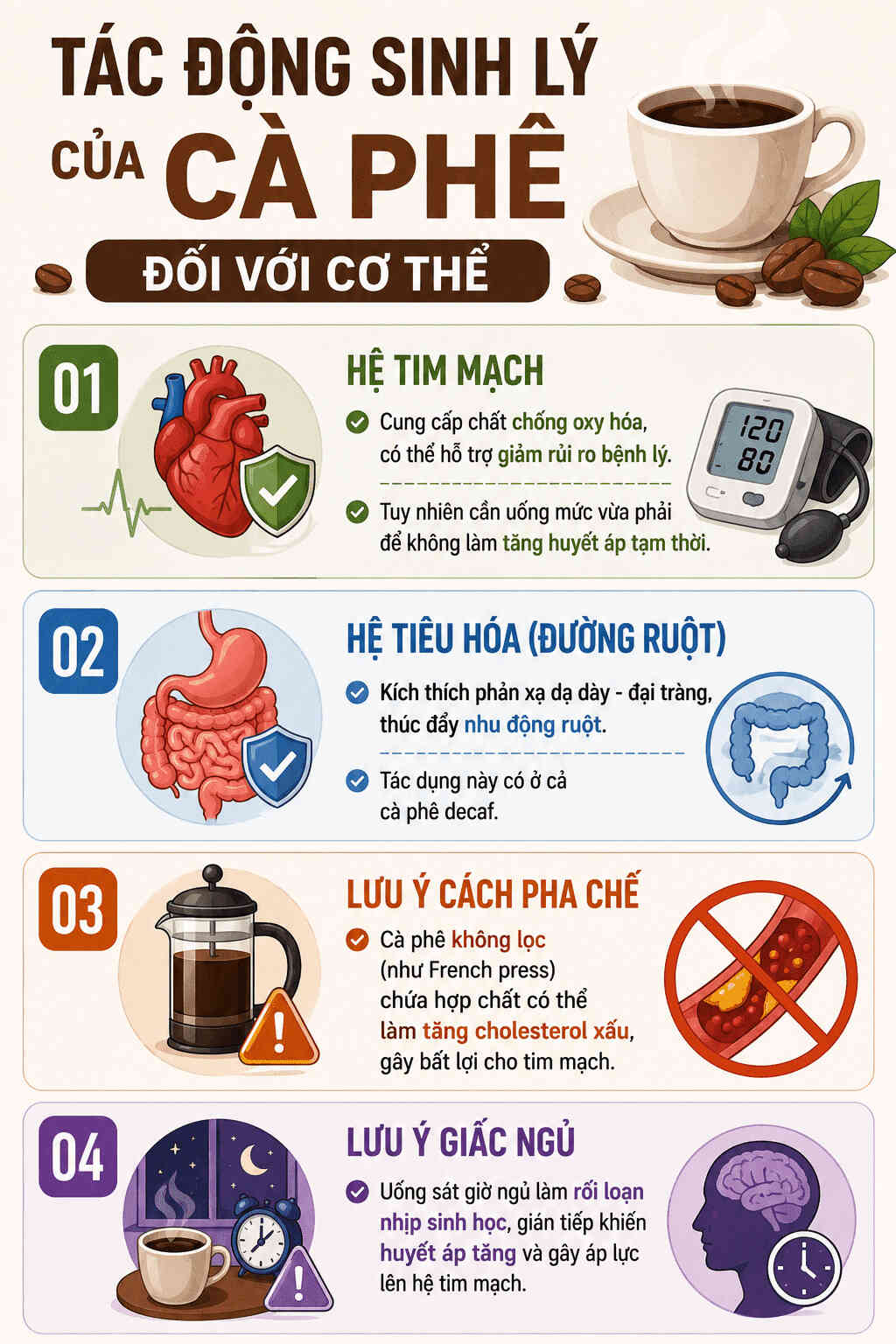 Infographic: Tóm tắt tác động sinh lý của cà phê đối với hệ tiêu hóa và tim mạch. Đồ họa: AI