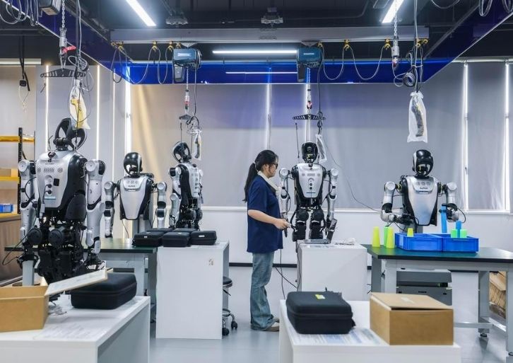 Human-shaped robot trainers sort fibers at a robot training facility in Xuqi city, Zhejiang province, China on September 3, 2026. Photo: Xinhua