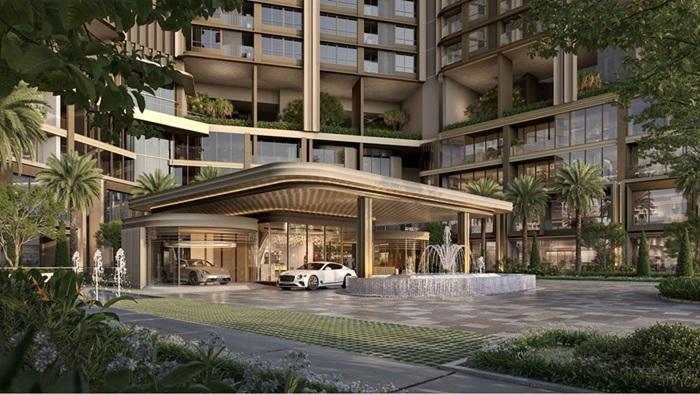 The Grand Arrival Court lobby is delicately designed with light, greenery and water surface. Photo: MIK Group