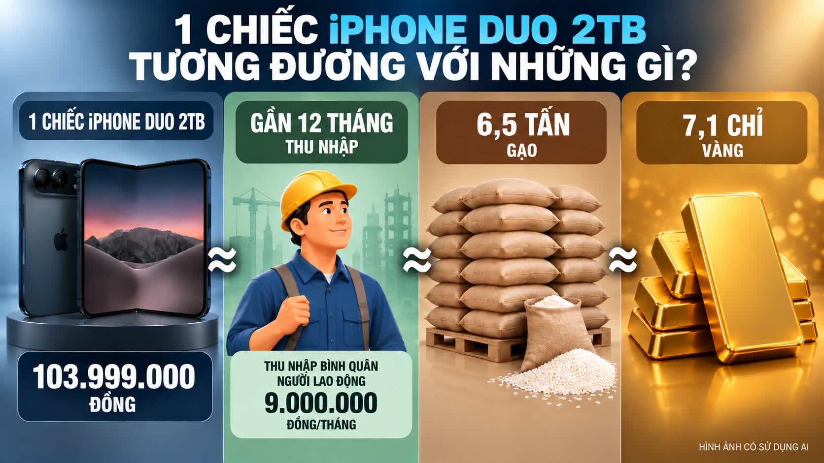 Giá iPhone Duo 2TB tương đương gần 12 tháng thu nhập của người lao động tại Việt Nam. Đồ họa: AI