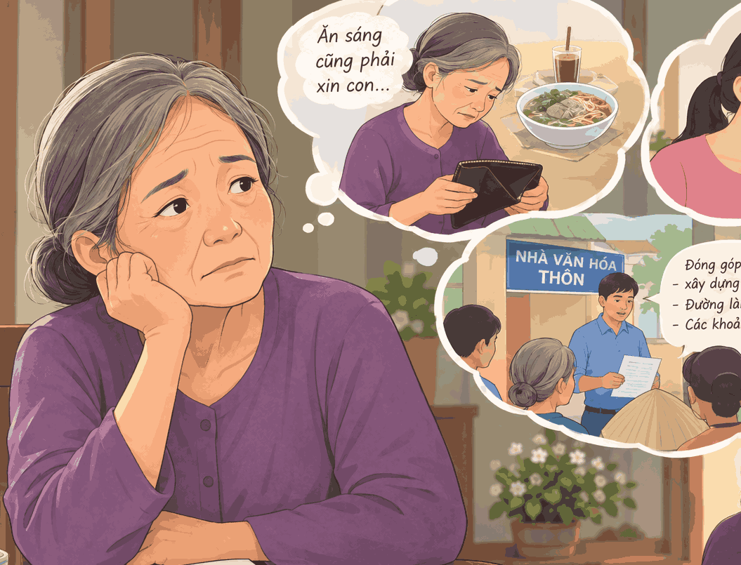 Old age without pension, from breakfast to contribution money, also having to ask for children is a story that received a lot of attention and sharing on social networks. Photo: AI