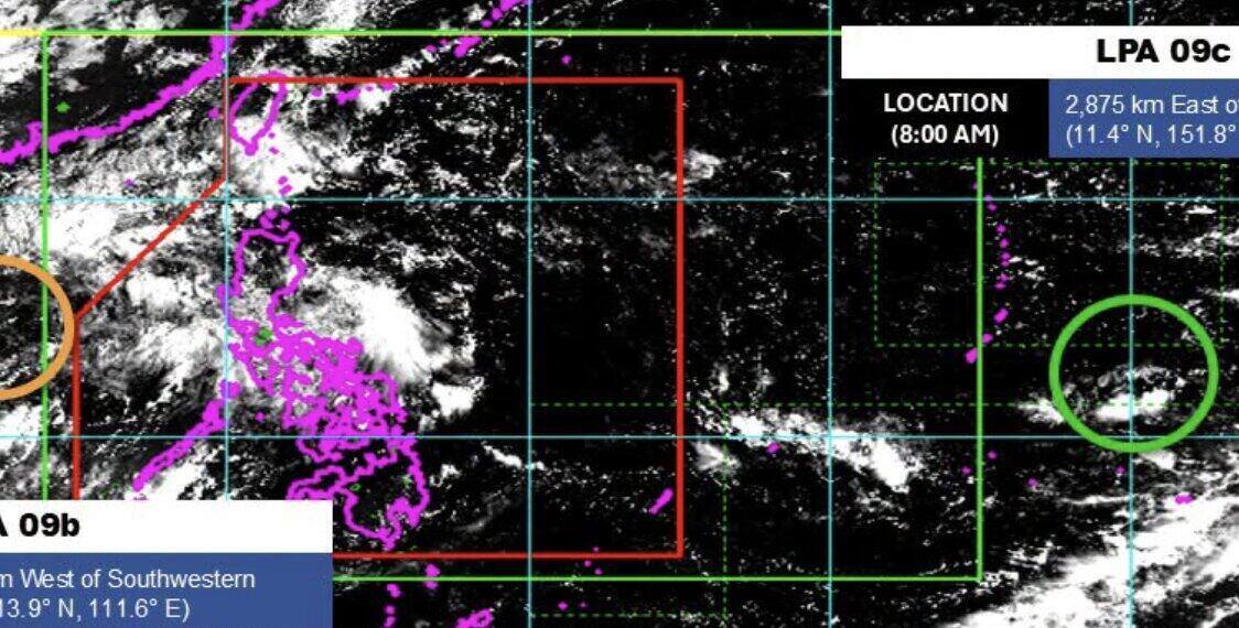 The location of the two low pressure areas LPA 09b and LPA 09c were monitored by PAGASA at 8:00 AM on September 11 (Philippines time). Photo: PAGASA